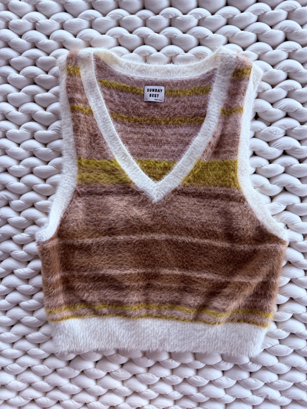 Sunday Best Fuzzy Striped Vest in Brown, Cream & Yellow-Green
